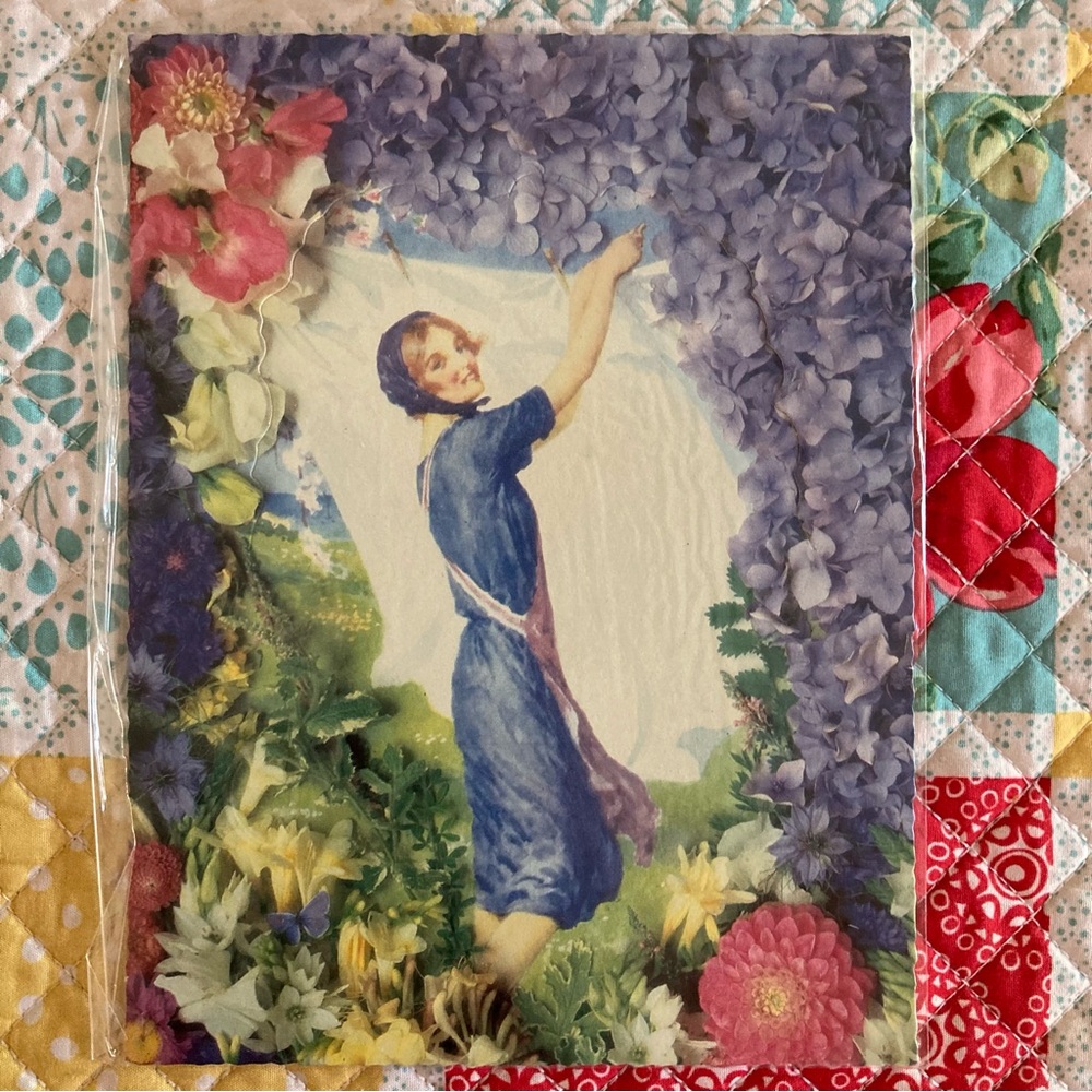 NWOT Vintage Floral Art Pop Out Card with Woman in Blue Dress